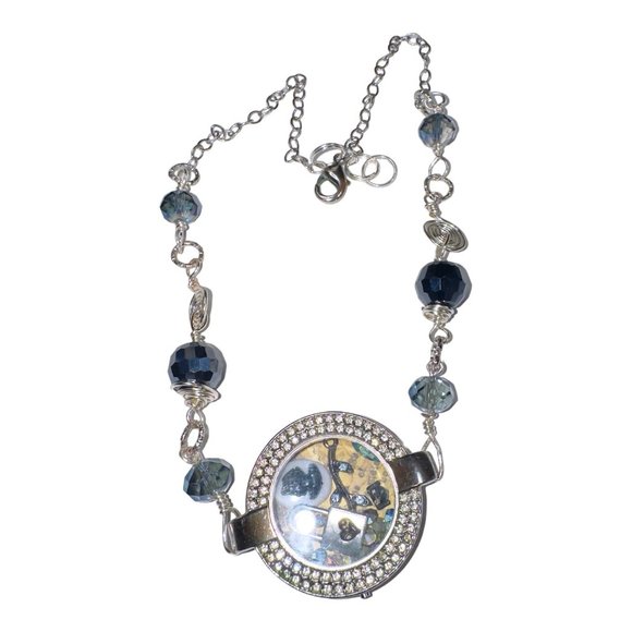 Upcycled Watch Shell Crystal Necklace Floating Memory Cameo & Swarovski Pendant - Picture 5 of 14